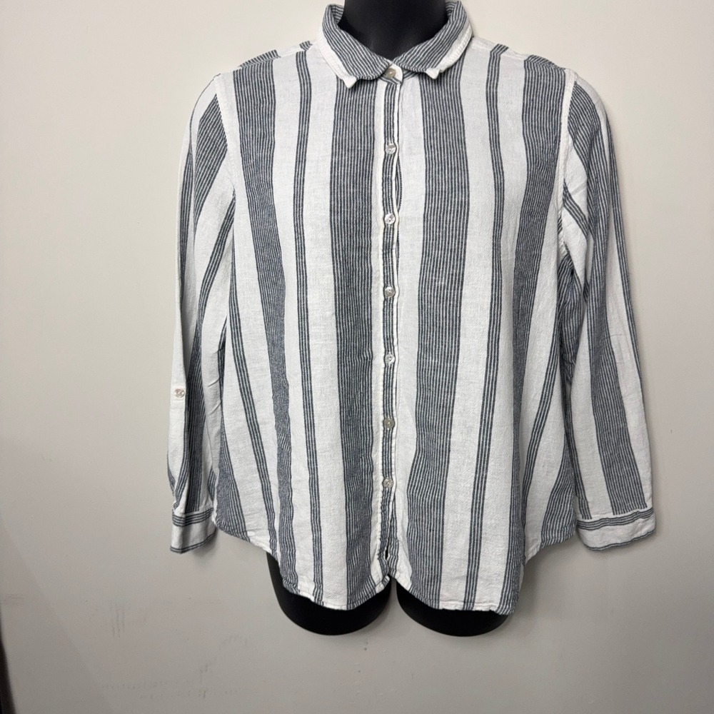 Orvis Womens XL Blue White Striped Linen Blend Roll Tab Sleeve Button Down Shirt